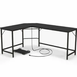 L-förmiger Computertisch mit Steckdose & CPU-Ständer & Robustem Metallrahmen Eckschreibtisch