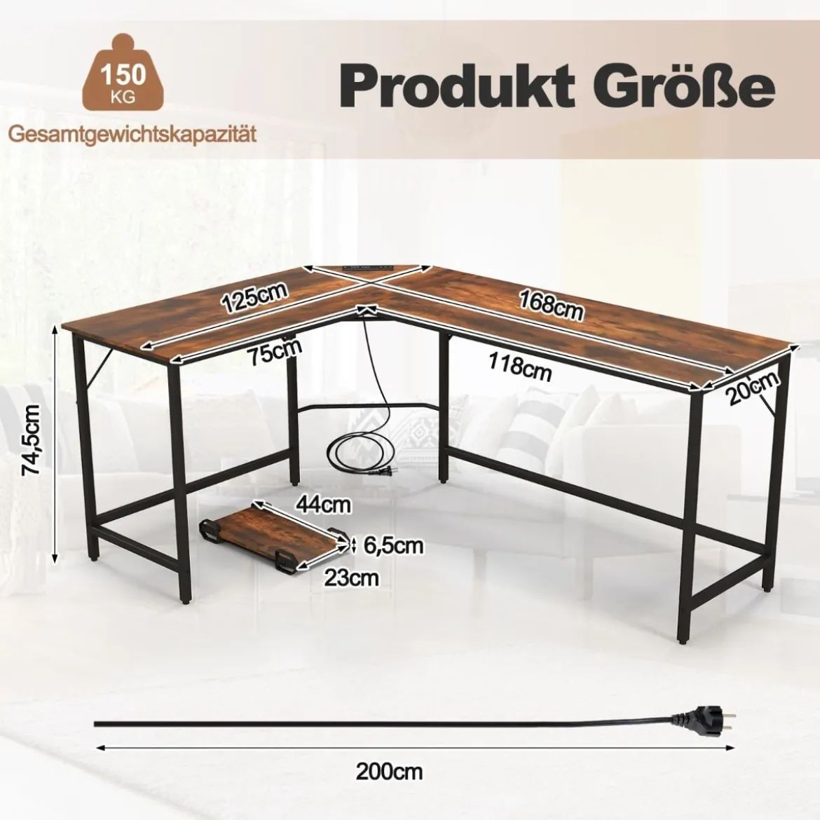 L-förmiger Computertisch mit Steckdose & CPU-Ständer & Robustem Metallrahmen Eckschreibtisch