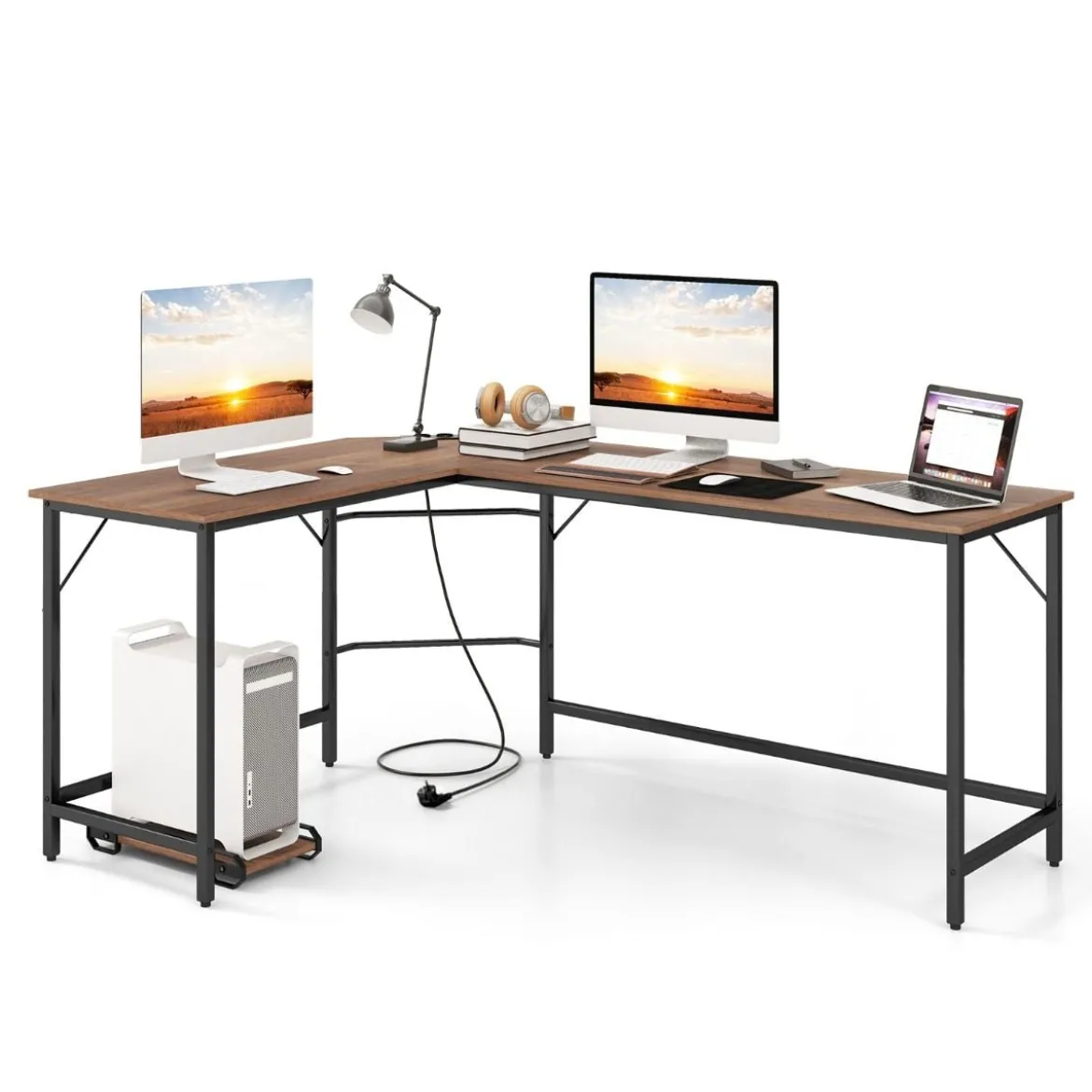 L-förmiger Computertisch mit Steckdose & CPU-Ständer & Robustem Metallrahmen Eckschreibtisch