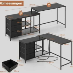 L-förmiger Computertisch mit Steckdose & 3 Stoffschubladen & Gitterablagen Eckschreibtisch Schwarz
