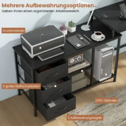 L-förmiger Computertisch mit Steckdose & 3 Stoffschubladen & Gitterablagen Eckschreibtisch Schwarz