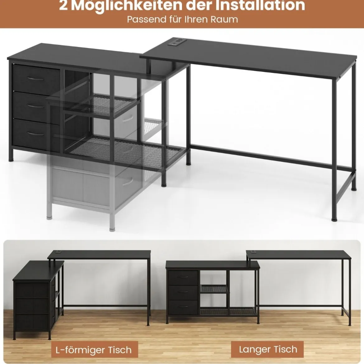 L-förmiger Computertisch mit Steckdose & 3 Stoffschubladen & Gitterablagen Eckschreibtisch Schwarz