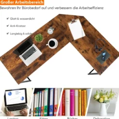 L-förmiger Eckschreibtisch platzsparender Computertisch mit verstärktem Metallrahmen Rustikales Braun