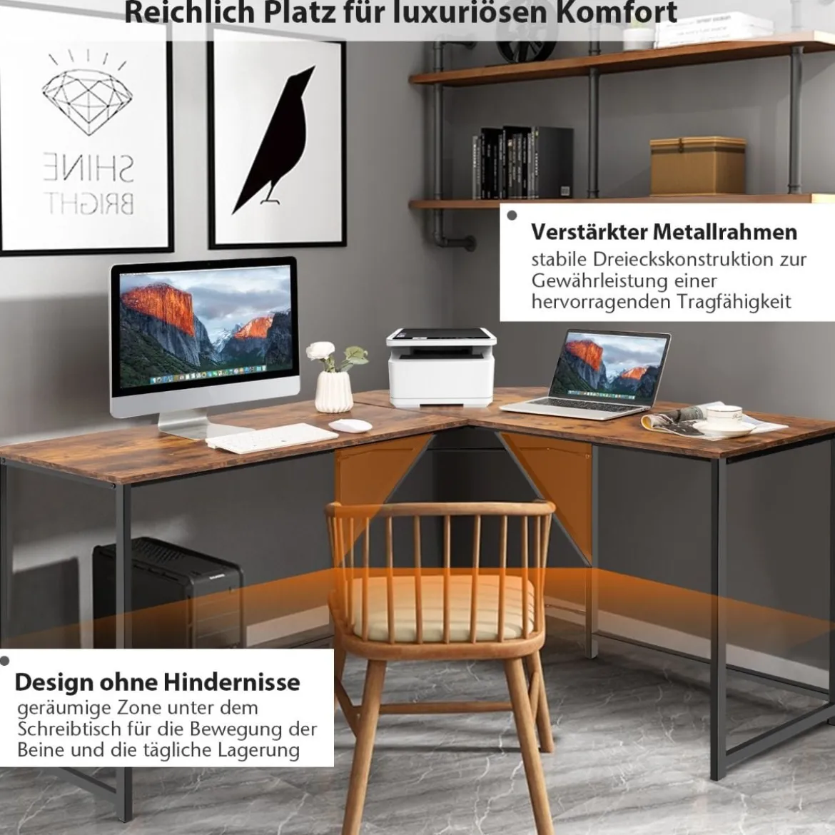 L-förmiger Eckschreibtisch platzsparender Computertisch mit verstärktem Metallrahmen Rustikales Braun