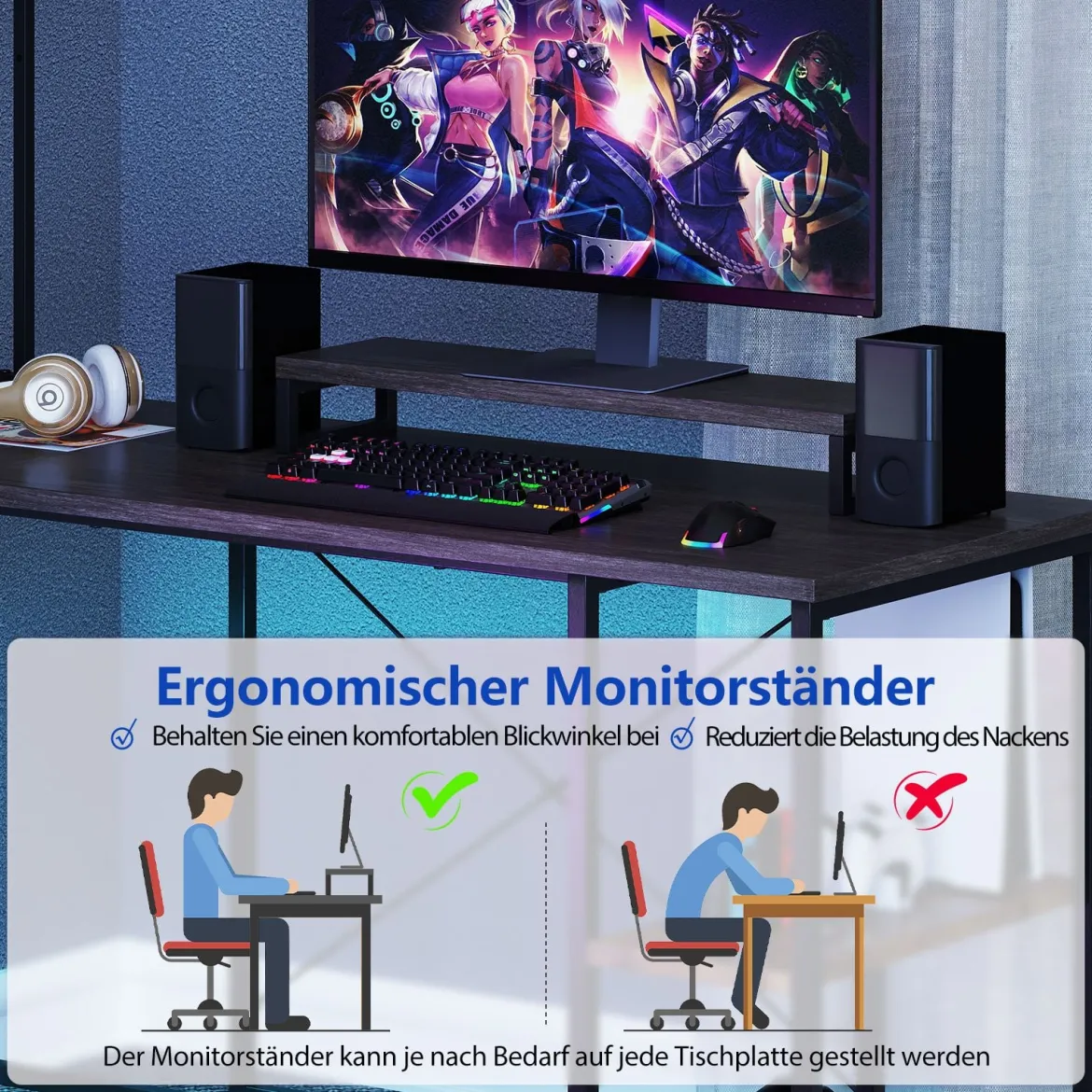L-förmiger Gaming Schreibtisch mit LED-Streifen & Steckdosen Eckschreibtisch Computertisch Grau