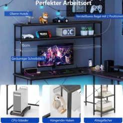 L-förmiger Gaming Schreibtisch mit LED-Streifen & Steckdosen Eckschreibtisch Computertisch Grau