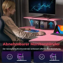 L-förmiger Gaming-Schreibtisch mit Steckdosen & USB-Anschlüssen mit Monitorregal Computertisch