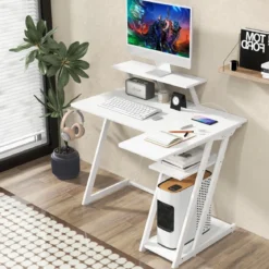 L-förmiger Gaming-Schreibtisch mit Steckdosen & USB-Anschlüssen mit Monitorregal Computertisch