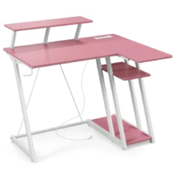L-förmiger Gaming-Schreibtisch mit Steckdosen & USB-Anschlüssen mit Monitorregal Computertisch