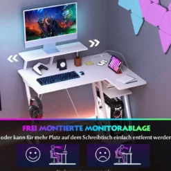 L-förmiger Gaming-Schreibtisch mit Steckdosen & USB-Anschlüssen mit Monitorregal Computertisch