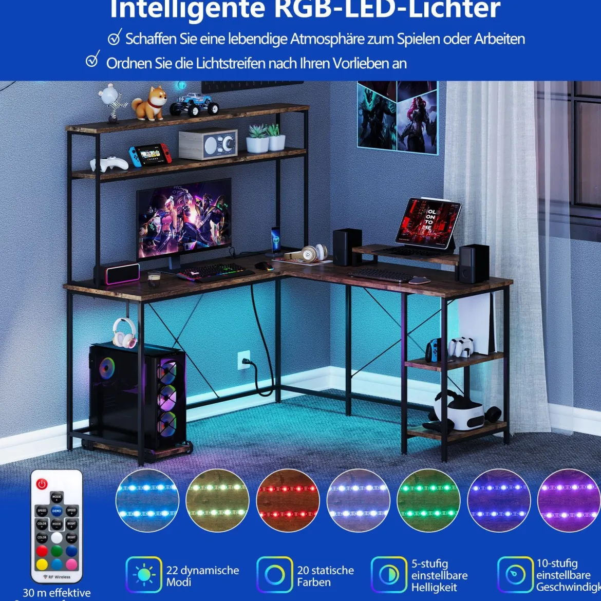 L-förmiger Gaming Schreibtisch mit LED-Streifen & Steckdosen Eckschreibtisch Computertisch Braun