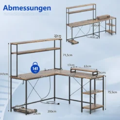 L-förmiger Gaming Schreibtisch mit LED-Streifen & Steckdosen Eckschreibtisch Computertisch Braun