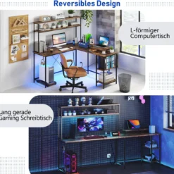 L-förmiger Gaming Schreibtisch mit LED-Streifen & Steckdosen Eckschreibtisch Computertisch Braun