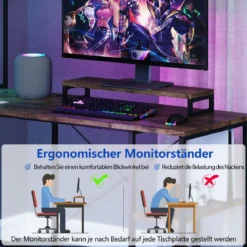 L-förmiger Gaming Schreibtisch mit LED-Streifen & Steckdosen Eckschreibtisch Computertisch Braun