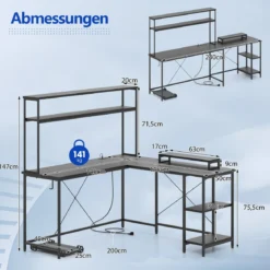 L-förmiger Gaming Schreibtisch mit LED-Streifen & Steckdosen Eckschreibtisch Computertisch Schwarz