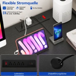 L-förmiger Gaming Schreibtisch mit LED-Streifen & Steckdosen Eckschreibtisch Computertisch Schwarz
