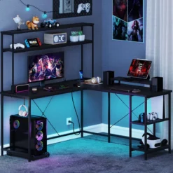 L-förmiger Gaming Schreibtisch mit LED-Streifen & Steckdosen Eckschreibtisch Computertisch Schwarz