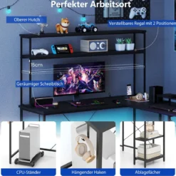 L-förmiger Gaming Schreibtisch mit LED-Streifen & Steckdosen Eckschreibtisch Computertisch Schwarz