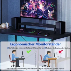 L-förmiger Gaming Schreibtisch mit LED-Streifen & Steckdosen Eckschreibtisch Computertisch Schwarz