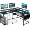L-förmiger Gamingtisch mit LED-Beleuchtung & Steckdosen Computertisch mit Monitorständer Schwarz