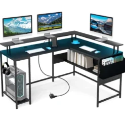 L-förmiger Gamingtisch mit LED-Beleuchtung & Steckdosen Computertisch mit Monitorständer Schwarz