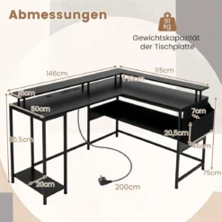 L-förmiger Gamingtisch mit LED-Beleuchtung & Steckdosen Computertisch mit Monitorständer Schwarz