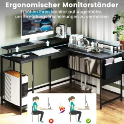 L-förmiger Gamingtisch mit LED-Beleuchtung & Steckdosen Computertisch mit Monitorständer Schwarz