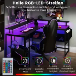 L-förmiger Gamingtisch mit LED-Beleuchtung & Steckdosen Computertisch mit Monitorständer Schwarz