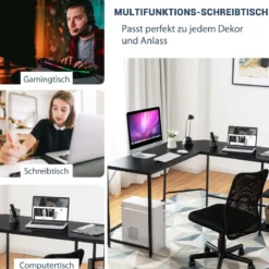 L-förmiger Schreibtisch Computertisch mit Metallgestell & Fußstütze 138 x 60 x 75 cm Schwarz