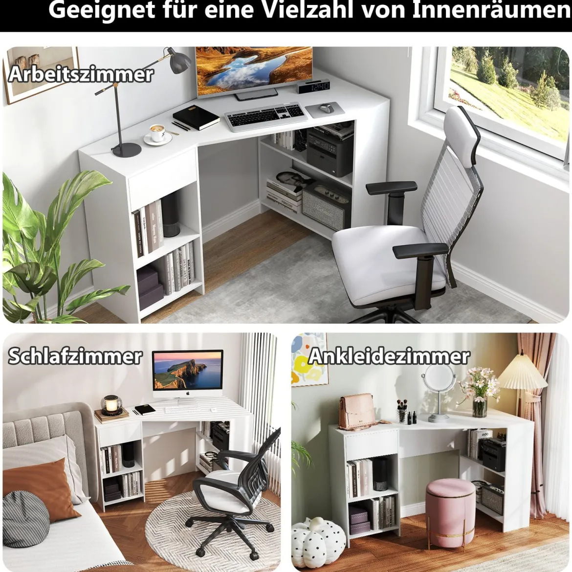 L-förmiger Schreibtisch Eckschreibtisch mit Schublade & Regalen moderner Computertisch Weiß