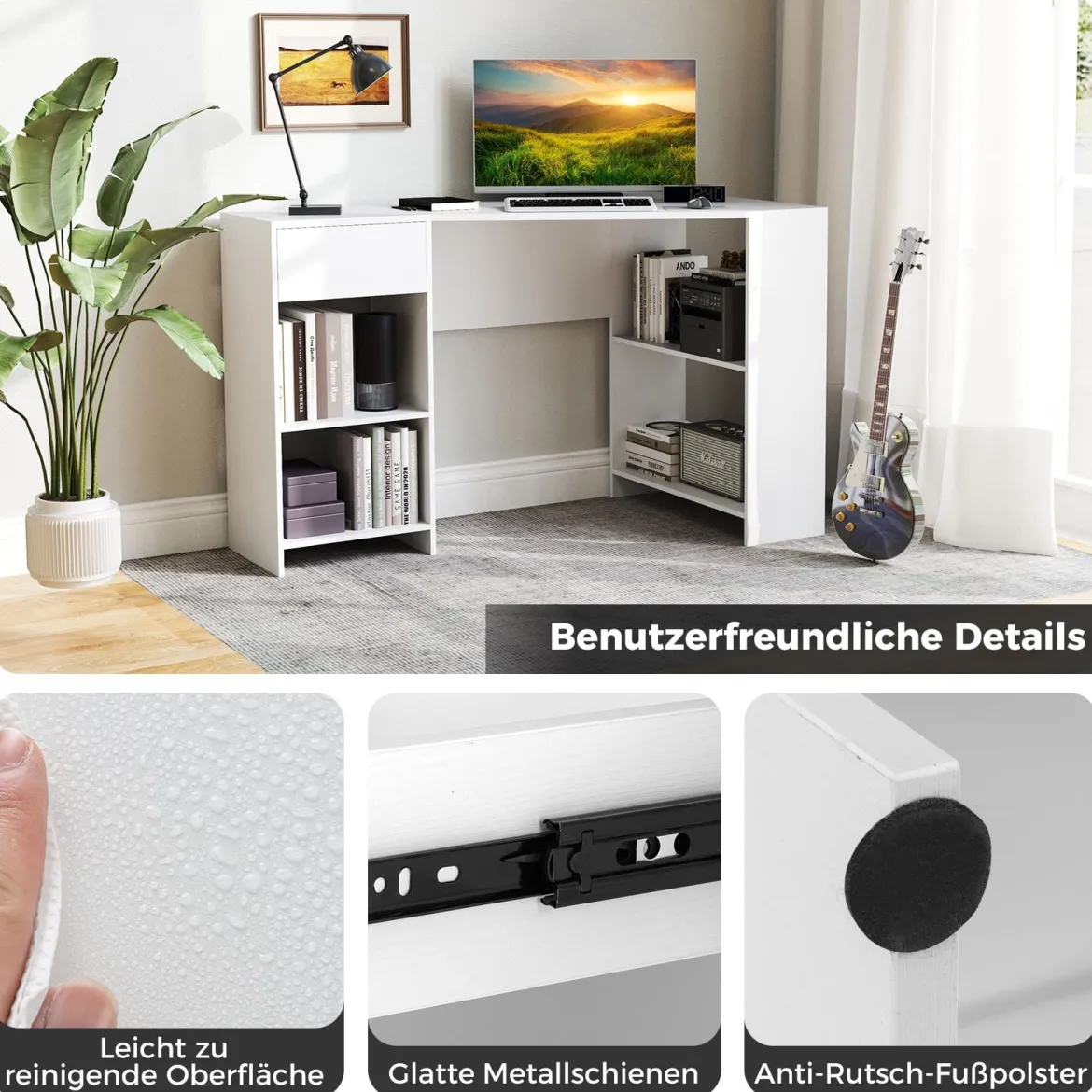 L-förmiger Schreibtisch Eckschreibtisch mit Schublade & Regalen moderner Computertisch Weiß