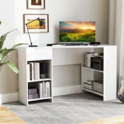 L-förmiger Schreibtisch Eckschreibtisch mit Schublade & Regalen moderner Computertisch Weiß