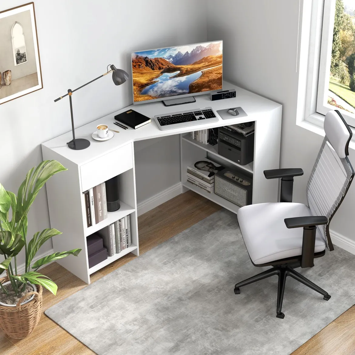 L-förmiger Schreibtisch Eckschreibtisch mit Schublade & Regalen moderner Computertisch Weiß