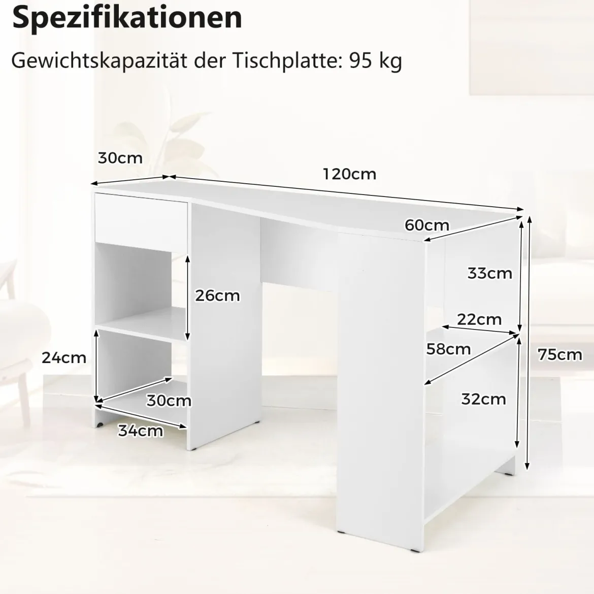 L-förmiger Schreibtisch Eckschreibtisch mit Schublade & Regalen moderner Computertisch Weiß