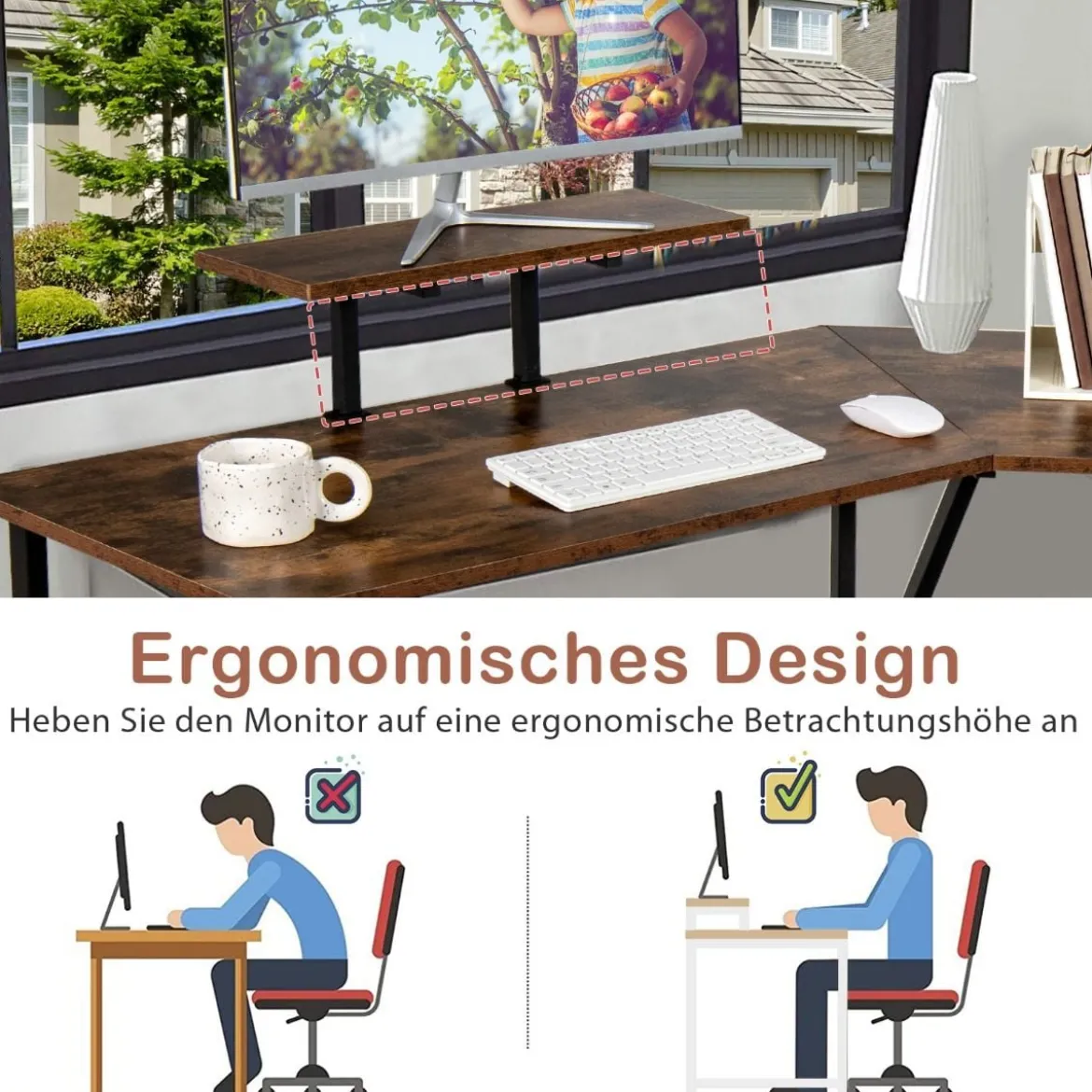 L-förmiger Schreibtisch Eckschreibtisch mit Monitorständer 225 x 48 x 91 cm Braun