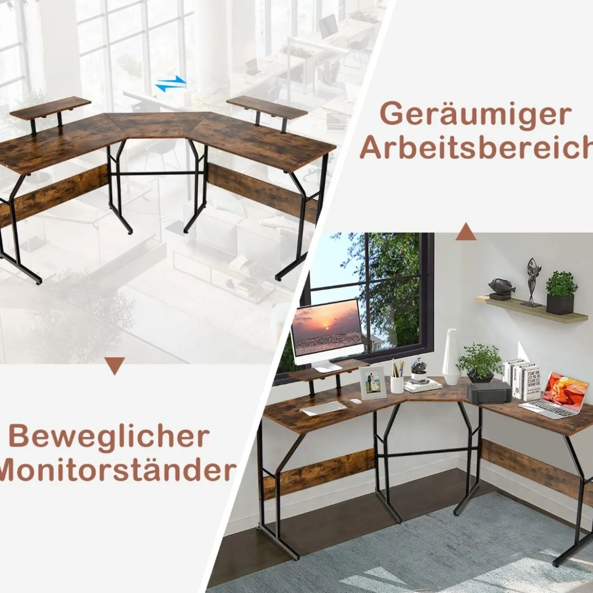 L-förmiger Schreibtisch Eckschreibtisch mit Monitorständer 225 x 48 x 91 cm Braun