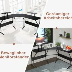 L-förmiger Schreibtisch Eckschreibtisch mit Monitorständer 225 x 48 x 91 cm Schwarz