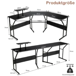L-förmiger Schreibtisch Eckschreibtisch mit Monitorständer 225 x 48 x 91 cm Schwarz