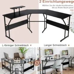 L-förmiger Schreibtisch Eckschreibtisch mit Monitorständer 225 x 48 x 91 cm Schwarz
