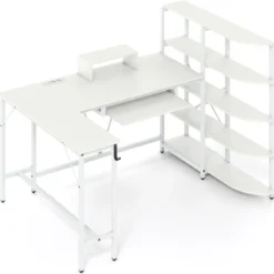 L-förmiger Schreibtisch mit Ablagefächern Eck-Computertisch mit Ladestation Gaming-Tisch Weiß