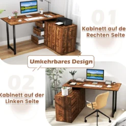 L-förmiger Schreibtisch mit Aktenschrank & Steckdose 138 cm umkehrbarer Eckcomputertisch Rustikal Braun