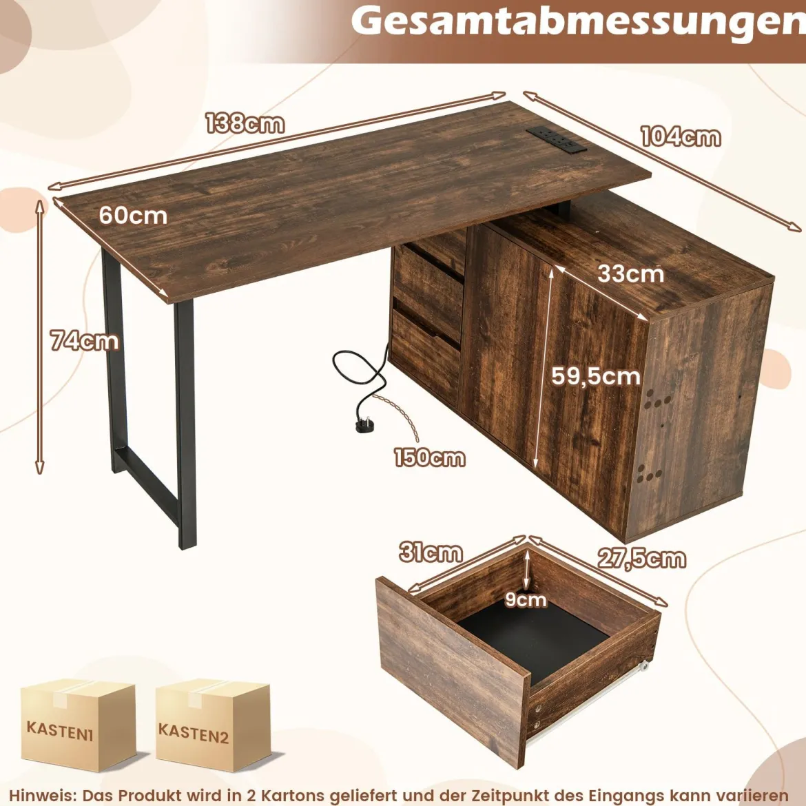 L-förmiger Schreibtisch mit Aktenschrank & Steckdose 138 cm umkehrbarer Eckcomputertisch Rustikal Braun