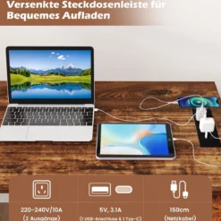 L-förmiger Schreibtisch mit Aktenschrank & Steckdose 138 cm umkehrbarer Eckcomputertisch Rustikal Braun