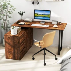L-förmiger Schreibtisch mit Aktenschrank & Steckdose 138 cm umkehrbarer Eckcomputertisch Rustikal Braun