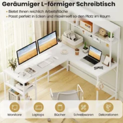 L-förmiger Schreibtisch mit Bücherregal Eckschreibtisch Gaming Tisch Computertisch Weiß