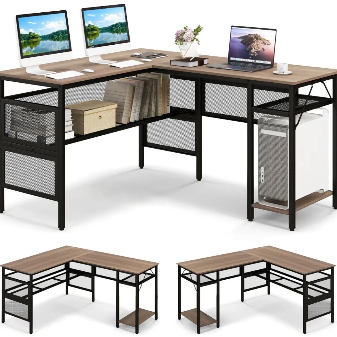 L-förmiger Schreibtisch mit Ladestation reversibler Eckschreibtisch mit Gitterregalen & CPU-Ständer