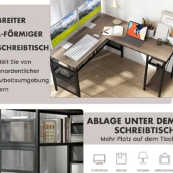 L-förmiger Schreibtisch mit Ladestation reversibler Eckschreibtisch mit Gitterregalen & CPU-Ständer