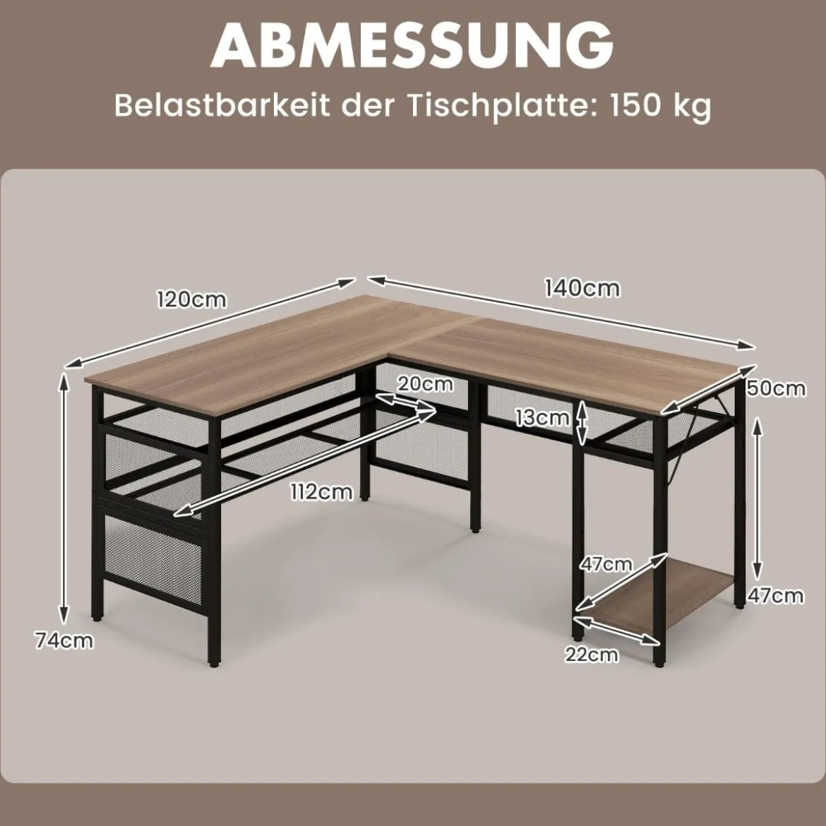 L-förmiger Schreibtisch mit Ladestation reversibler Eckschreibtisch mit Gitterregalen & CPU-Ständer