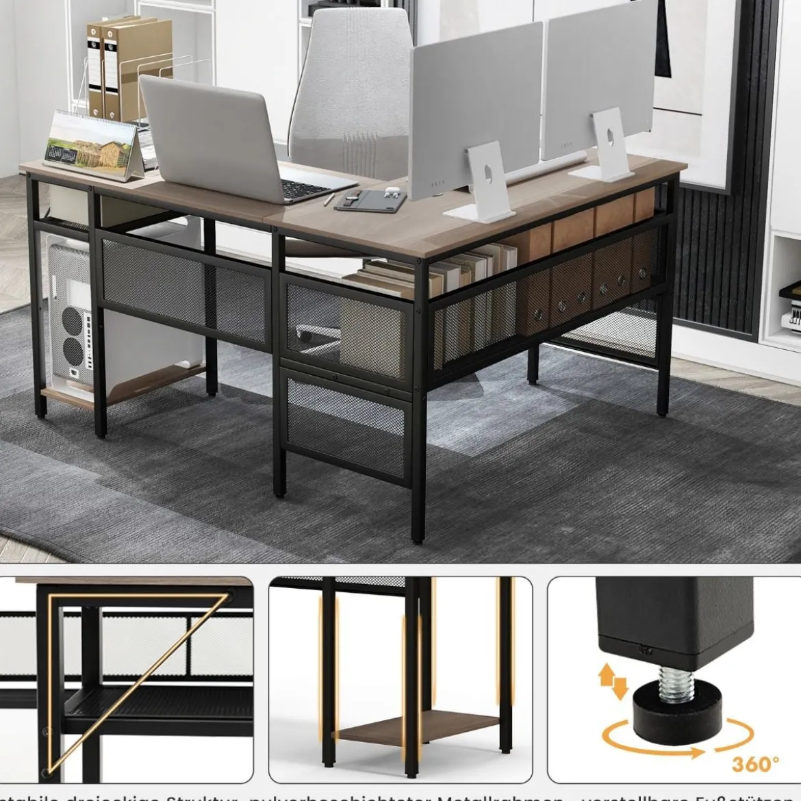 L-förmiger Schreibtisch mit Ladestation reversibler Eckschreibtisch mit Gitterregalen & CPU-Ständer