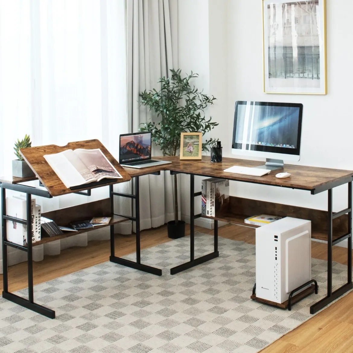 L-förmiger Schreibtisch mit neigbarer Tischplatte unterem Bücherregal & CPU-Ständer Zeichentisch Computertisch 170 x 150 x 75 cm